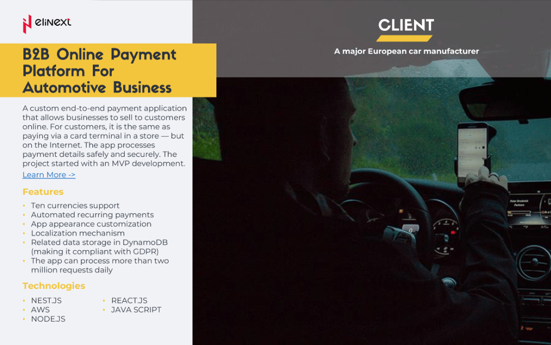 B2B Online Payment Platform For An Automotive Business