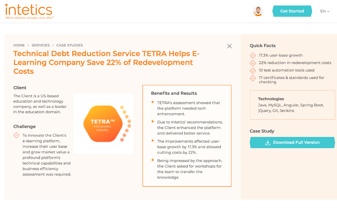 Technical Debt Reduction Service TETRA Helps E-Learning Company Save 22% of Redevelopment Costs